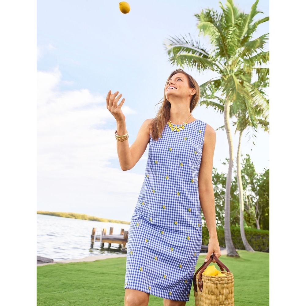 Talbots Blue White Gingham Lemon Embroidered Shift Dress Sleeveless Cutout Back